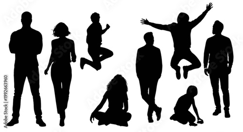 Diverse silhouettes of people in dynamic poses isolated on transparent background, Vector