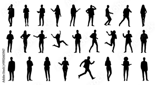 Diverse silhouettes of people in various dynamic poses isolated on transparent background, Vector