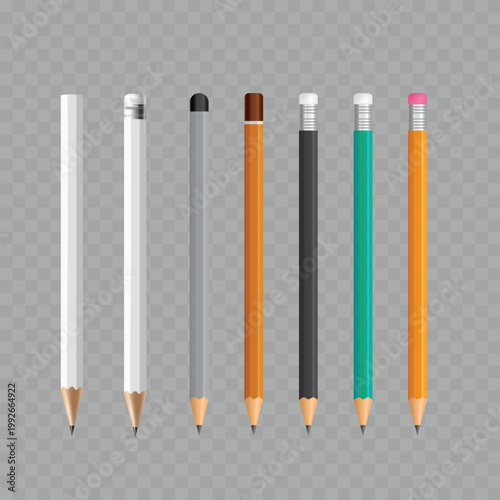 Realistic Wooden Pencil Mockup Set. Vector Blank White, Black and Yellow Stationery Templates with Eraser.
