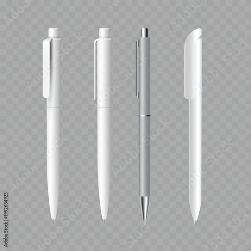 Realistic Ballpoint Pen Mockup Set. Vector Blank White, Black and Silver Stationery Templates for Corporate Branding.
