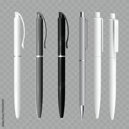 Realistic Ballpoint Pen Mockup Set. Vector Blank White, Black and Silver Stationery Templates for Corporate Branding.