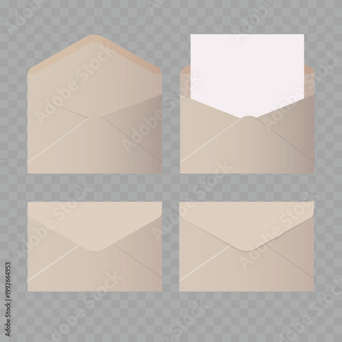 Realistic Blank White Envelope Mockup Set. Vector Open and Closed Mail Templates with Paper Card Insert.