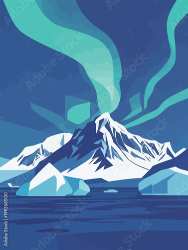 Frozen mountain under the northern lights with icebergs in the water at night