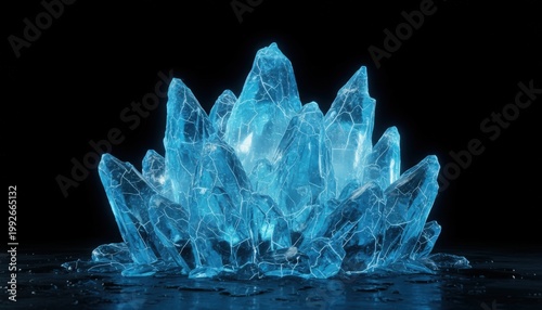 Majestic cluster of glowing blue crystal formations against a dark backdrop