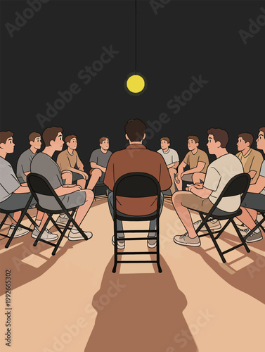 Group discussion takes place in a dimly lit room with one person speaking to a seated circle of twelve individuals