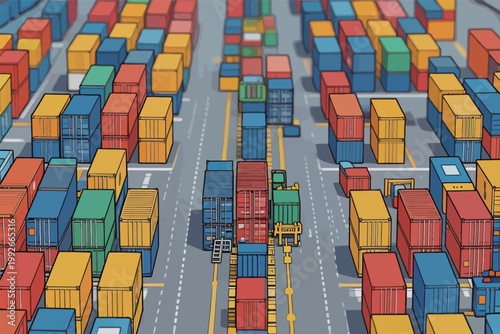 Cargo containers are organized in a busy shipping yard during the day with various colors stacked high