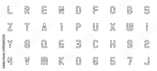 Alphabet and numbers icon set. Vector letter and number collection. Includes A to Z, 0 to 9 symbols like L, R, E, N, D, F, B, S, Z, T, P, U, X, W, I, Y, Q, C, H, V, M, K, O, G, J.