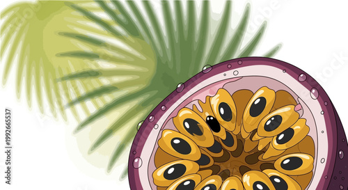 Close-up of a halved passion fruit with water droplets on its purple skin, revealing the orange pulp and black seeds, set against a blurred background of green palm leaves.