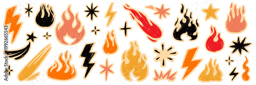 Fire flame icon doodle set. Hand drawn fire flame brush scribble grunge chalk texture shape graphic. Lightning bolt explosion energy blast power sticker rock burst. Vector illustration
