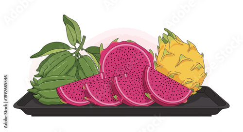 A vibrant assortment of exotic fruits including pink and yellow dragon fruit, sliced pitaya, and green Buddha's Hand citron, arranged on a black tray.