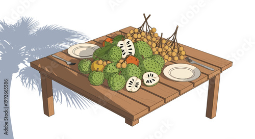 A wooden table filled with a large pile of tropical fruits, including soursop and longan, with plates and cutlery, under a palm tree's shadow.