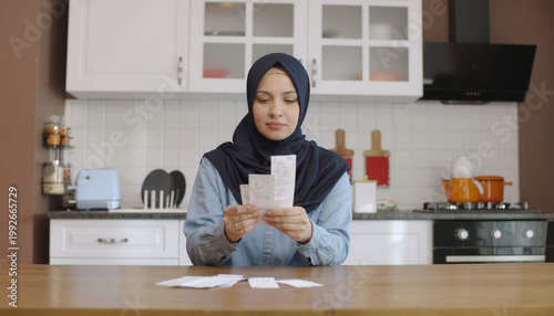 Muslim mother worried holding grocery receipt kitchen feeling anxious stressed financial hardship holding paper bill counting expense family budget crisis poverty struggle budget management home