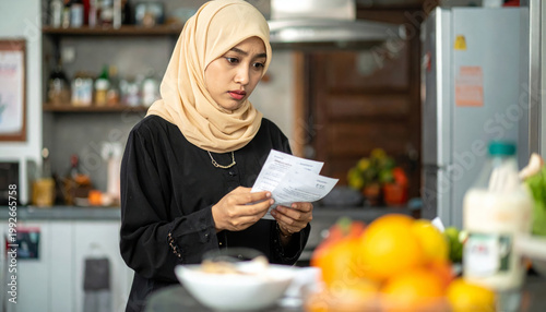 Muslim mother worried holding bill at home kitchen feeling anxious sad stressed upset financial debt struggle woman reading document