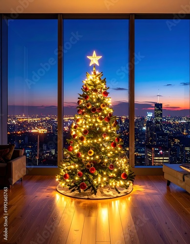 A brightly lit Christmas tree in a room with a city view at dusk
