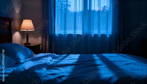 A serene bedroom at night with soft moonlight filtering through the window curtains and a warm bedside lamp illuminating the cozy, rumpled bed.