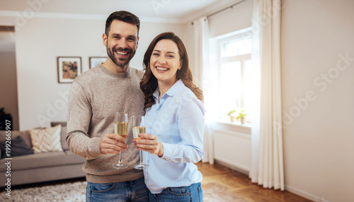 Happy young couple celebrating housewarming party toasting with champagne glass standing in modern living room feeling joyful and enthusiastic for new beginning and apartment relocation lifestyle