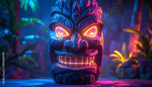 A vibrant tiki mask with glowing eyes