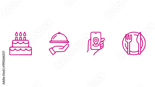 Icons including cake, cloche, and cooking elements.