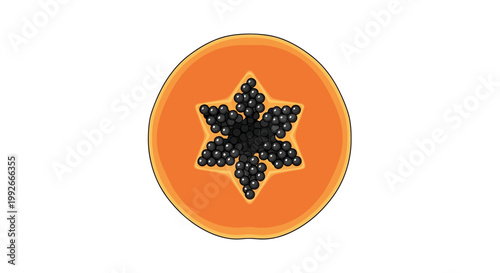Top-down view of a ripe papaya fruit cut in half, revealing its vibrant orange flesh and black star-shaped seeds against a white background.