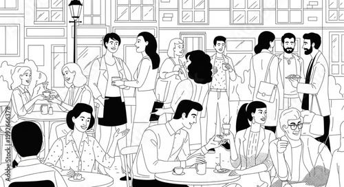 Group of people gathered in a busy cafe or restaurant setting.