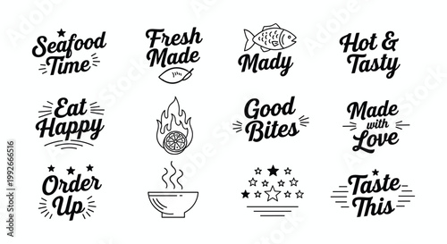 A collection of various black and white hand lettered typographic designs relating to seafood food quality and dining experiences high quality professional
