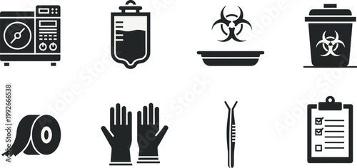 A collection of black silhouette icons depicting medical equipment hazardous materials and protective gear on a white background high quality professional detailed