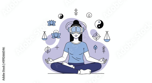 A woman practices meditation while wearing a virtual reality headset surrounded by symbols of spirituality and balance high quality professional detailed modern