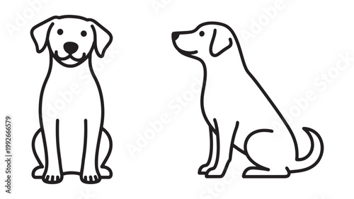 Simple black outline cartoon dogs sitting on white background, one facing front and one in profile, vector illustration of friendly canine pets.