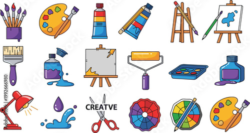 Art Painting Supplies Creative Icon Set Brush Palette Easel Color