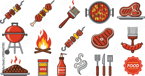 Barbecue Grill Food Icon Set Steak BBQ Meat Fire Cooking Collection