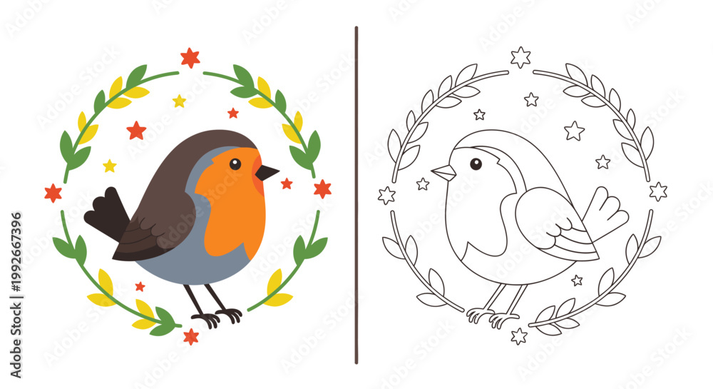 Obraz premium Colorful Robin Bird with Floral Wreath and Black-and-White Outline