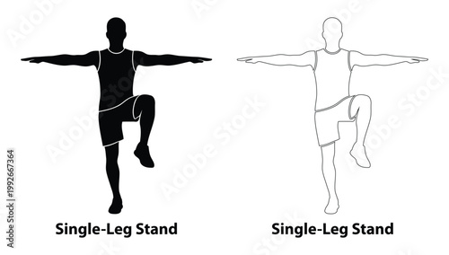 Man Performing Single-Leg Stand Balance Exercise Silhouette and Outline Set for Core Stability and Fitness Training Illustration
