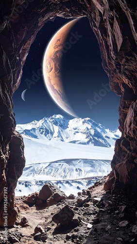 A cave opening with a view of a planet and mountain