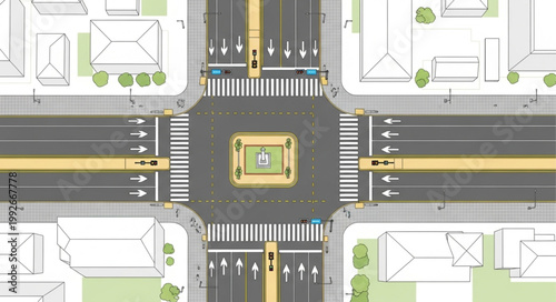 Aerial view of a modern city intersection with traffic flow and pedestrian crossings.