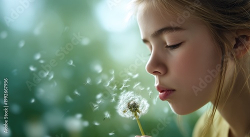 Little girl making a wish while blowing dandelion seeds in nature