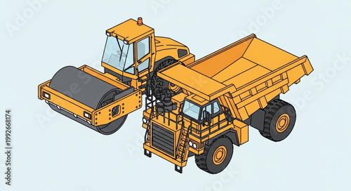 Construction vehicles including a steamroller and a dump truck.