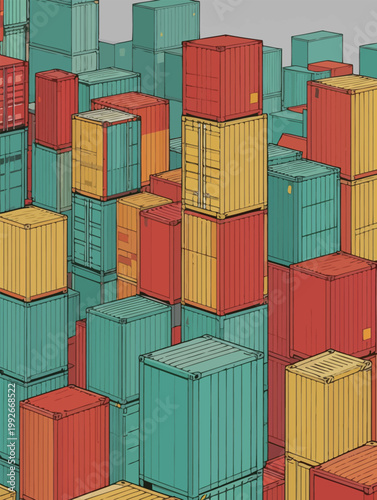 Shipping containers stacked in a busy port area during the day with a variety of colors and sizes