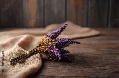 Dried Lavender Bouquet on Burlap Fabric Over Rustic Wooden Table