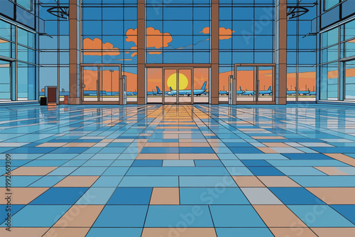 Sunset view from an airport terminal with wide windows and colorful floor tiles