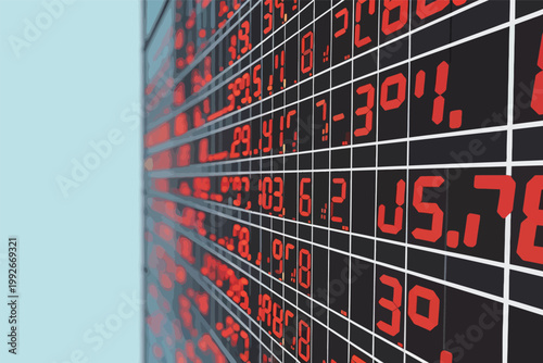 Stock market display shows numbers and figures on electronic board during trading hours in a financial district