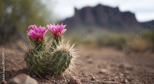 Close-up of vibrant pink cactus flowers blooming in a dry desert landscape.