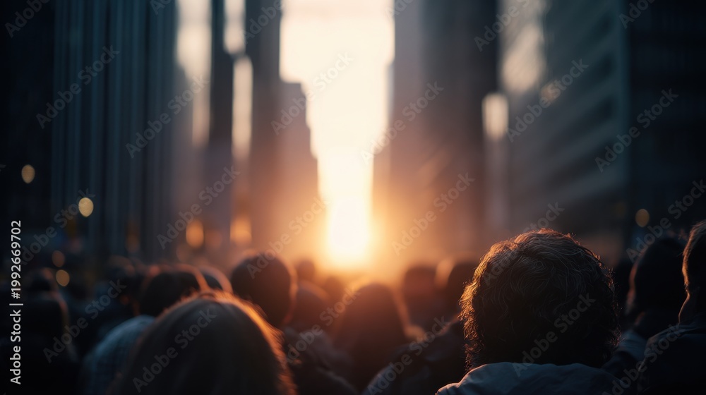 Fototapeta premium Silhouetted crowd in a city street bathed in the warm glow of a setting sun.