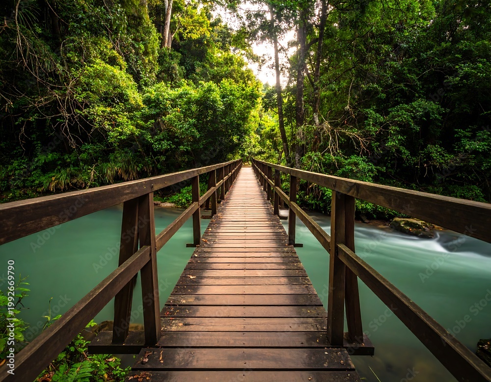 Fototapeta premium Wooden bridge extends over a turquoise river through lush, dense, green jungle foliage