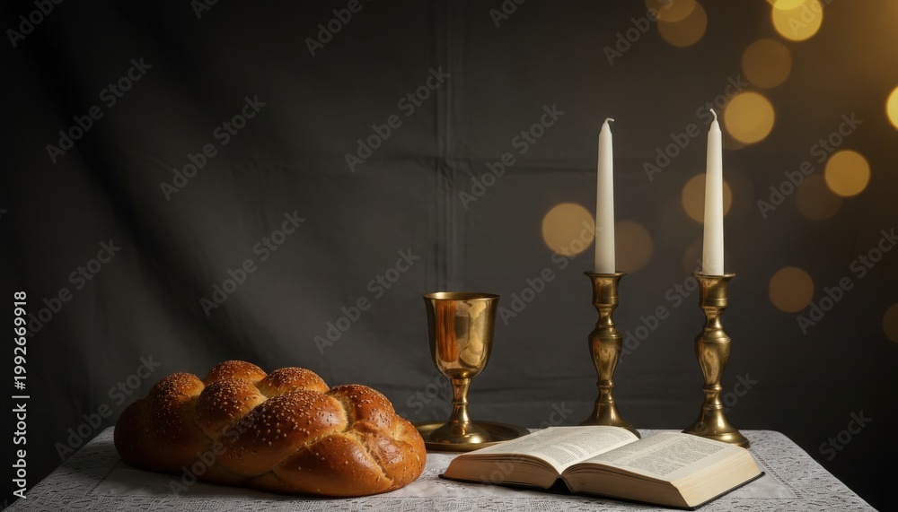 Fototapeta premium Sacred bread and candles beside an open book in a serene setting.