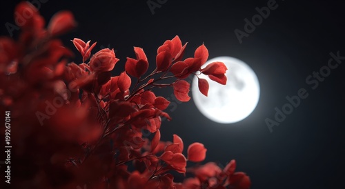 Red Leaves Silhouetted Against a Glowing Full Moon at Night