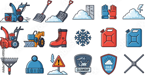 Winter Snow Removal Equipment Icon Set Shovel Blower Cleanup Tools