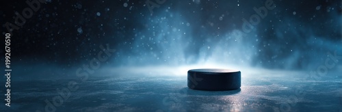 Ice hockey puck on a dark, misty ice rink with blue light and snow