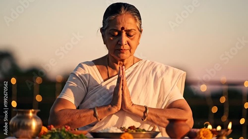Elderly woman praying with hands clasped in namaste gesture at dusk, surrounded by offerings and bokeh lights, spiritual ritual, serene atmosphere, peaceful meditation