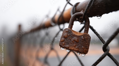 Raindrops on an old, rusted padlock attached to a fence