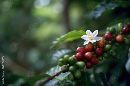 Close-up of coffee plant branch with white flower and ripening cherries